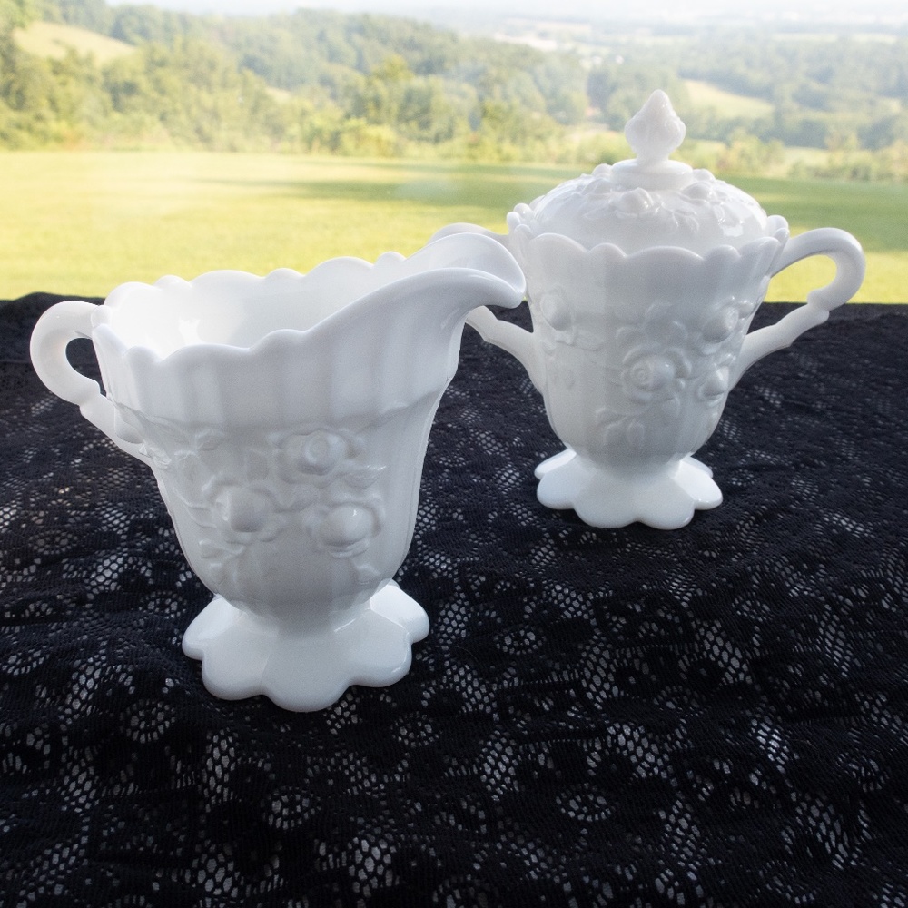 Fenton Vintage Milk Glass Sugar Bowl With Lid And Creamer Set